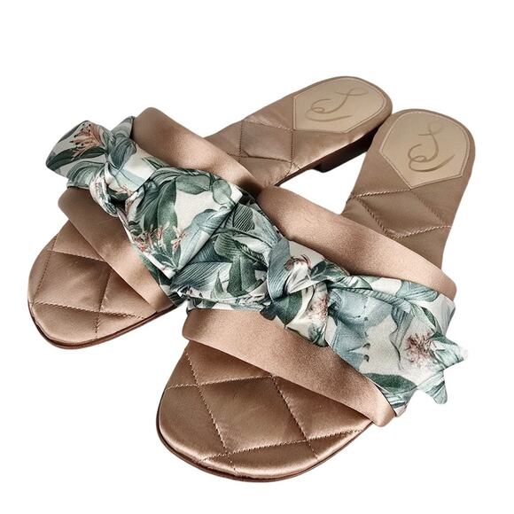 Sam Edelman Binx Sandals Sz 7 Blush Pink Satin Slides Tropical Palm Knot Detail - Picture 2 of 6